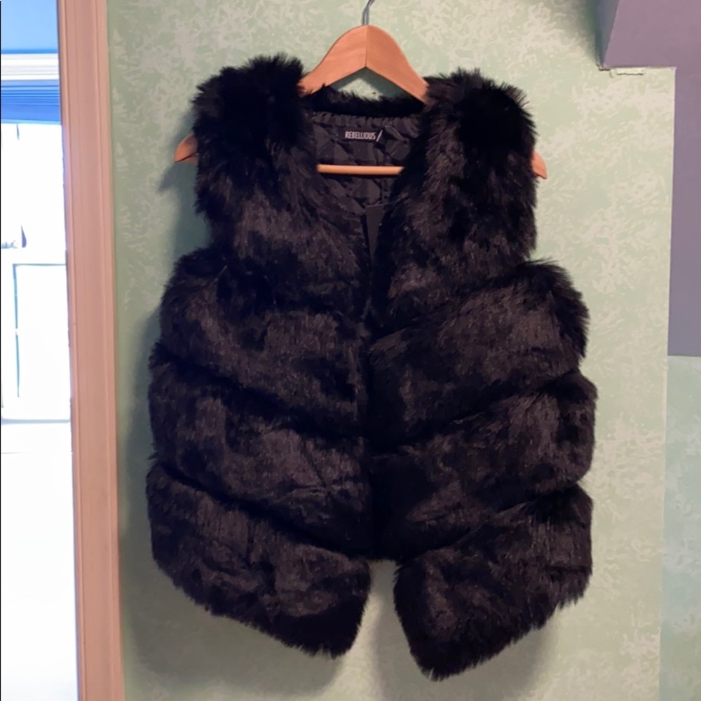 Black Faux Leather and Fur Vest